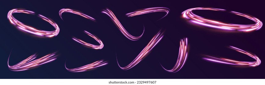 Creative vector illustration of flying cosmic meteor, planetoid, comet, fireball isolated on transparent background. Light everyday glowing effect. semicircular wave, light trail curve swirl, optical.