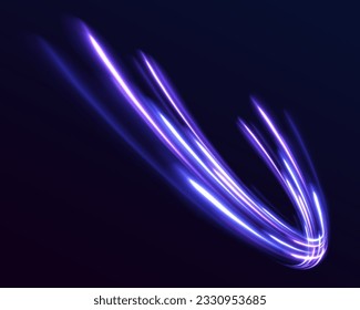 Creative vector illustration of flying cosmic meteor, planetoid, comet, fireball isolated on transparent background. Light everyday glowing effect. semicircular wave, light trail curve swirl, optical.