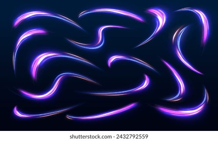 Creative vector illustration of flying cosmic meteor, planetoid, comet, fireball isolated on transparent background. Futuristic neon light effect. Speed of light concept background.	