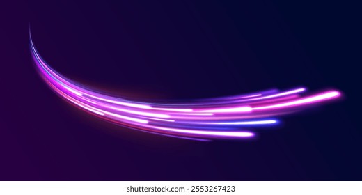 Ilustração vetorial criativa de meteoro cósmico voador, planetoide, cometa, bola de fogo isolada em fundo transparente. Efeito, png, onda, neon, linha. Arco claro em cores neon, em forma de curva.