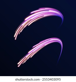 Creative vector illustration of flying cosmic meteor, planetoid, comet, fireball isolated on transparent background. Effect, png, wave,neon,line. Light arc in neon colors, in the form of a turn.