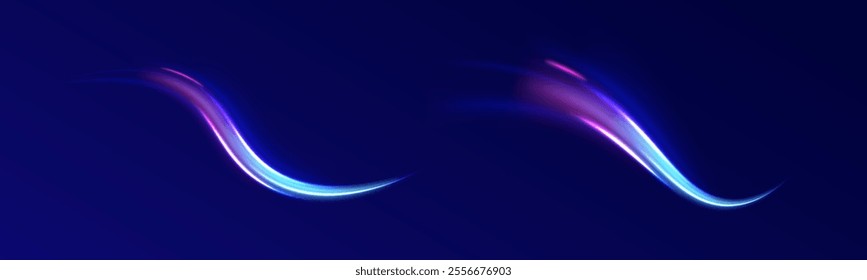Creative vector illustration of flying cosmic meteor, planetoid, comet, fireball isolated on transparent background. Effect, png, wave,neon,line. Light arc in neon colors, in the form of a turn.