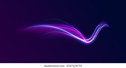 Creative vector illustration of flying cosmic meteor, planetoid, comet, fireball isolated on transparent background. Effect, png, wave,neon,line. Light arc in neon colors, in the form of a turn.  