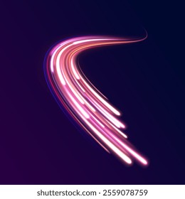 Creative vector illustration of flying cosmic meteor, planetoid, comet, fireball isolated on transparent background. Effect, png, wave,neon,line. Light arc in neon colors, in the form of a turn.  