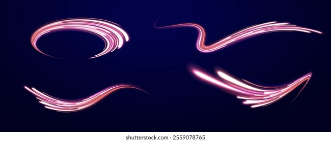 Creative vector illustration of flying cosmic meteor, planetoid, comet, fireball isolated on transparent background. Effect, png, wave,neon,line. Light arc in neon colors, in the form of a turn.  