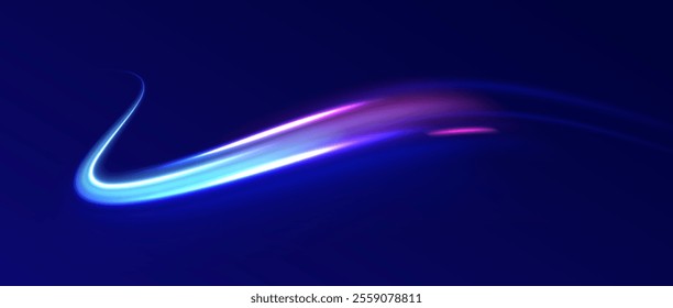 Creative vector illustration of flying cosmic meteor, planetoid, comet, fireball isolated on transparent background. Effect, png, wave,neon,line. Light arc in neon colors, in the form of a turn.