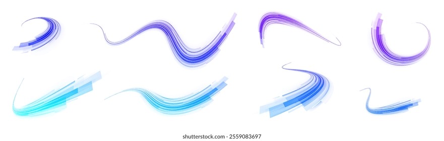 Creative vector illustration of flying cosmic meteor, planetoid, comet, fireball isolated on transparent background. Effect, png, wave,neon,line. Light arc in neon colors, in the form of a turn.