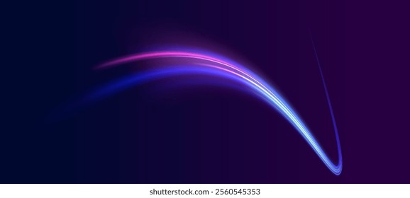 Creative vector illustration of flying cosmic meteor, planetoid, comet, fireball isolated on transparent background. Effect, png, wave,neon,line. Light arc in neon colors, in the form of a turn.  