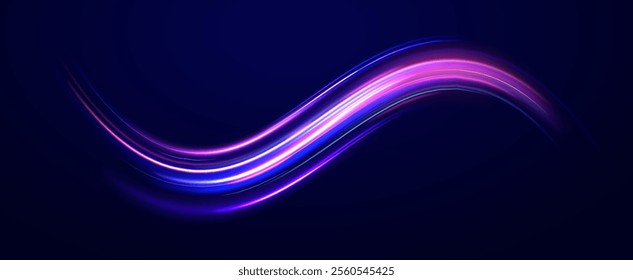 Creative vector illustration of flying cosmic meteor, planetoid, comet, fireball isolated on transparent background. Effect, png, wave,neon,line. Light arc in neon colors, in the form of a turn. 