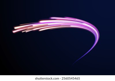 Creative vector illustration of flying cosmic meteor, planetoid, comet, fireball isolated on transparent background. Effect, png, wave,neon,line. Light arc in neon colors, in the form of a turn.