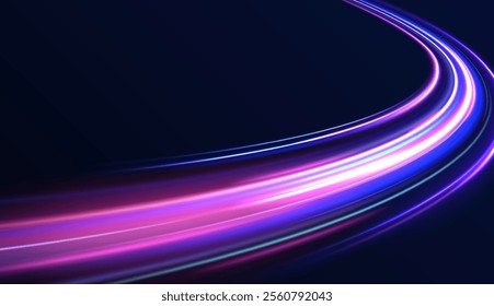 Creative vector illustration of flying cosmic meteor, planetoid, comet, fireball isolated on transparent background. Effect, png, wave,neon,line. Light arc in neon colors, in the form of a turn. 