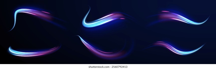 Creative vector illustration of flying cosmic meteor, planetoid, comet, fireball isolated on transparent background. Effect, png, wave,neon,line. Light arc in neon colors, in the form of a turn.