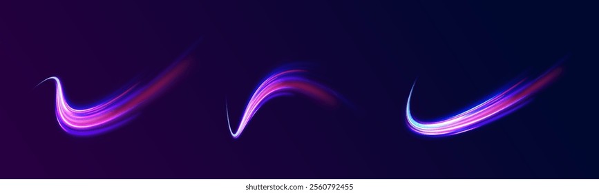 Creative vector illustration of flying cosmic meteor, planetoid, comet, fireball isolated on transparent background. Effect, png, wave,neon,line. Light arc in neon colors, in the form of a turn.