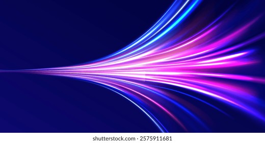 Creative vector illustration of flying cosmic meteor, planetoid, comet, fireball isolated on transparent background. Effect, png, wave,neon,line. Light arc in neon colors, in the form of a turn. 