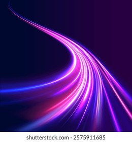 Creative vector illustration of flying cosmic meteor, planetoid, comet, fireball isolated on transparent background. Effect, png, wave,neon,line. Light arc in neon colors, in the form of a turn. 