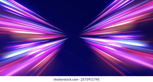 Creative vector illustration of flying cosmic meteor, planetoid, comet, fireball isolated on transparent background. Effect, png, wave,neon,line. Light arc in neon colors, in the form of a turn. 