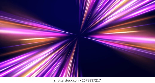 Creative vector illustration of flying cosmic meteor, planetoid, comet, fireball isolated on transparent background. Effect, png, wave,neon,line. Light arc in neon colors, in the form of a turn. 