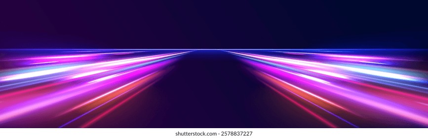 Creative vector illustration of flying cosmic meteor, planetoid, comet, fireball isolated on transparent background. Effect, png, wave,neon,line. Light arc in neon colors, in the form of a turn. 