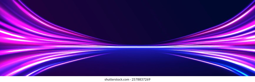 Creative vector illustration of flying cosmic meteor, planetoid, comet, fireball isolated on transparent background. Effect, png, wave,neon,line. Light arc in neon colors, in the form of a turn. 