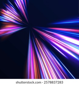 Creative vector illustration of flying cosmic meteor, planetoid, comet, fireball isolated on transparent background. Effect, png, wave,neon,line. Light arc in neon colors, in the form of a turn. 