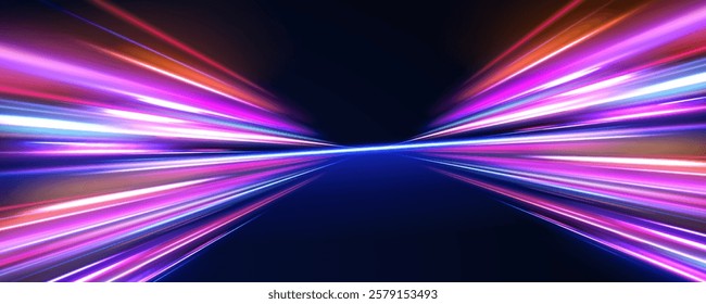 Creative vector illustration of flying cosmic meteor, planetoid, comet, fireball isolated on transparent background. Effect, png, wave,neon,line. Light arc in neon colors, in the form of a turn. 