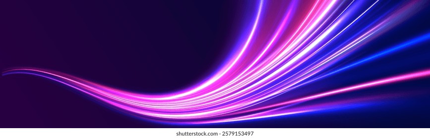 Creative vector illustration of flying cosmic meteor, planetoid, comet, fireball isolated on transparent background. Effect, png, wave,neon,line. Light arc in neon colors, in the form of a turn. 