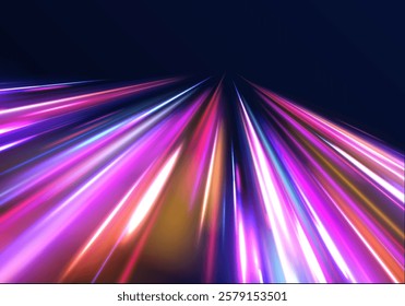 Creative vector illustration of flying cosmic meteor, planetoid, comet, fireball isolated on transparent background. Effect, png, wave,neon,line. Light arc in neon colors, in the form of a turn. 