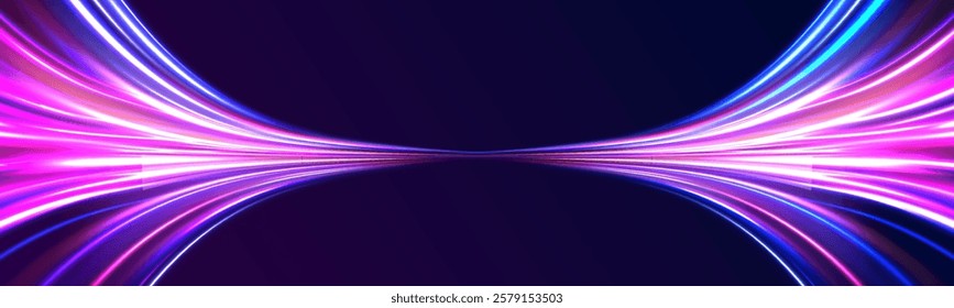 Creative vector illustration of flying cosmic meteor, planetoid, comet, fireball isolated on transparent background. Effect, png, wave,neon,line. Light arc in neon colors, in the form of a turn. 