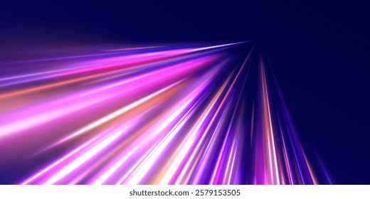 Creative vector illustration of flying cosmic meteor, planetoid, comet, fireball isolated on transparent background. Effect, png, wave,neon,line. Light arc in neon colors, in the form of a turn. 