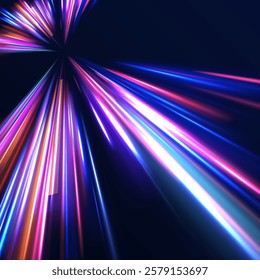 Creative vector illustration of flying cosmic meteor, planetoid, comet, fireball isolated on transparent background. Effect, png, wave,neon,line. Light arc in neon colors, in the form of a turn. 