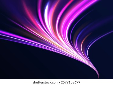 Creative vector illustration of flying cosmic meteor, planetoid, comet, fireball isolated on transparent background. Effect, png, wave,neon,line. Light arc in neon colors, in the form of a turn. 