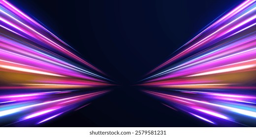 Creative vector illustration of flying cosmic meteor, planetoid, comet, fireball isolated on transparent background. Effect, png, wave,neon,line. Light arc in neon colors, in the form of a turn. 