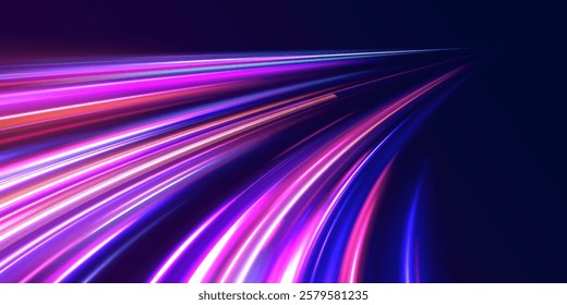 Creative vector illustration of flying cosmic meteor, planetoid, comet, fireball isolated on transparent background. Effect, png, wave,neon,line. Light arc in neon colors, in the form of a turn. 