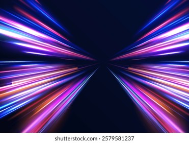 Creative vector illustration of flying cosmic meteor, planetoid, comet, fireball isolated on transparent background. Effect, png, wave,neon,line. Light arc in neon colors, in the form of a turn. 