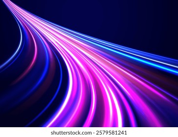 Creative vector illustration of flying cosmic meteor, planetoid, comet, fireball isolated on transparent background. Effect, png, wave,neon,line. Light arc in neon colors, in the form of a turn. 