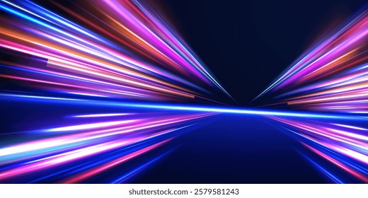 Creative vector illustration of flying cosmic meteor, planetoid, comet, fireball isolated on transparent background. Effect, png, wave,neon,line. Light arc in neon colors, in the form of a turn. 