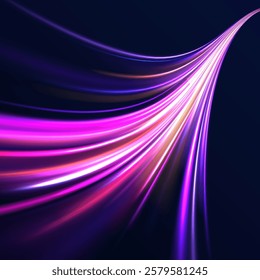 Creative vector illustration of flying cosmic meteor, planetoid, comet, fireball isolated on transparent background. Effect, png, wave,neon,line. Light arc in neon colors, in the form of a turn. 