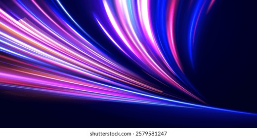 Creative vector illustration of flying cosmic meteor, planetoid, comet, fireball isolated on transparent background. Effect, png, wave,neon,line. Light arc in neon colors, in the form of a turn. 