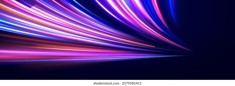 Creative vector illustration of flying cosmic meteor, planetoid, comet, fireball isolated on transparent background. Effect, png, wave,neon,line. Light arc in neon colors, in the form of a turn. 