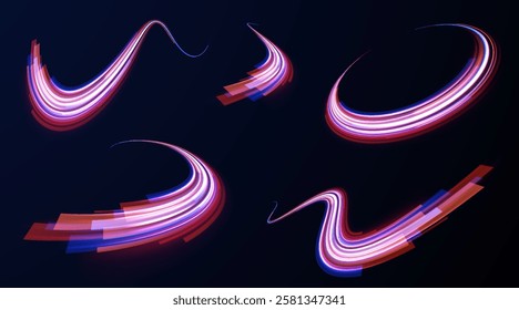 Creative vector illustration of flying cosmic meteor, planetoid, comet, fireball isolated on transparent background. Effect, png, wave,neon,line. Light arc in neon colors, in the form of a turn.