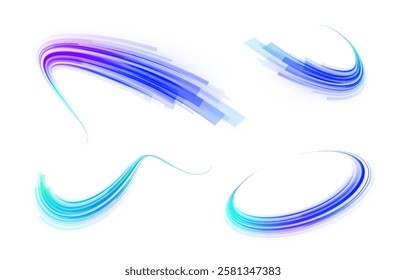 Creative vector illustration of flying cosmic meteor, planetoid, comet, fireball isolated on transparent background. Effect, png, wave,neon,line. Light arc in neon colors, in the form of a turn.  