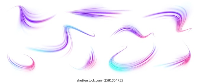 Creative vector illustration of flying cosmic meteor, planetoid, comet, fireball isolated on transparent background. Effect, png, wave,neon,line. Light arc in neon colors, in the form of a turn.