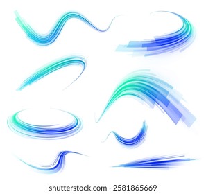 Creative vector illustration of flying cosmic meteor, planetoid, comet, fireball isolated on transparent background. Effect, png, wave,neon,line. Light arc in neon colors, in the form of a turn.  