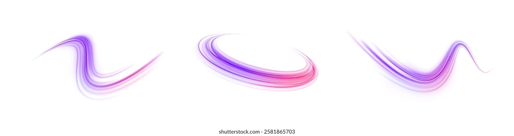 Creative vector illustration of flying cosmic meteor, planetoid, comet, fireball isolated on transparent background. Effect, png, wave,neon,line. Light arc in neon colors, in the form of a turn. 