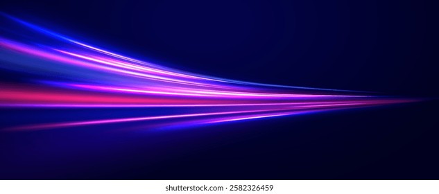 Creative vector illustration of flying cosmic meteor, planetoid, comet, fireball isolated on transparent background. Effect, png, wave,neon,line. Light arc in neon colors, in the form of a turn.