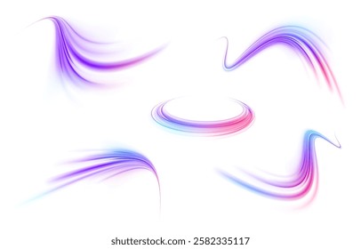 Creative vector illustration of flying cosmic meteor, planetoid, comet, fireball isolated on transparent background. Effect, png, wave,neon,line. Light arc in neon colors, in the form of a turn.