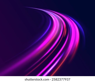 Creative vector illustration of flying cosmic meteor, planetoid, comet, fireball isolated on transparent background. Effect, png, wave,neon,line. Light arc in neon colors, in the form of a turn.