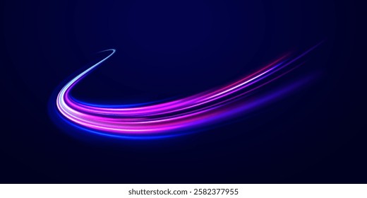 Creative vector illustration of flying cosmic meteor, planetoid, comet, fireball isolated on transparent background. Effect, png, wave,neon,line. Light arc in neon colors, in the form of a turn.  