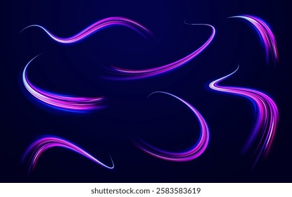 Creative vector illustration of flying cosmic meteor, planetoid, comet, fireball isolated on transparent background. Effect, png, wave,neon,line. Light arc in neon colors, in the form of a turn.  