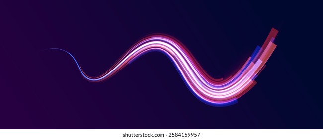 Creative vector illustration of flying cosmic meteor, planetoid, comet, fireball isolated on transparent background. Effect, png, wave,neon,line. Light arc in neon colors, in the form of a turn.